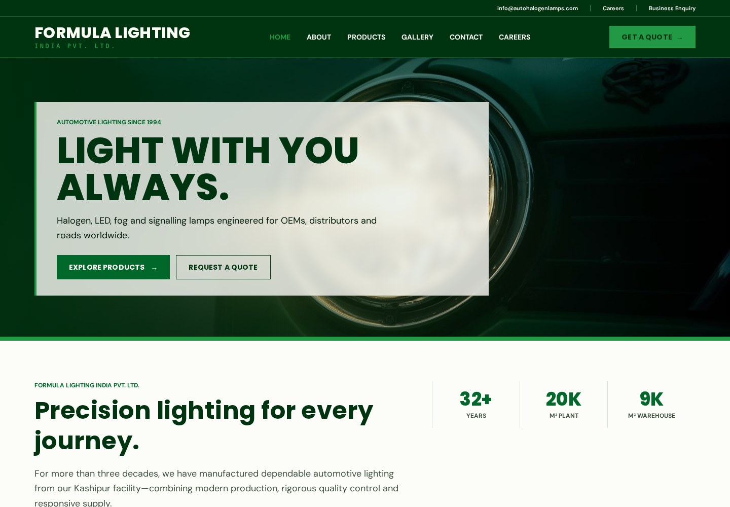 Formula Lighting automotive lighting website homepage